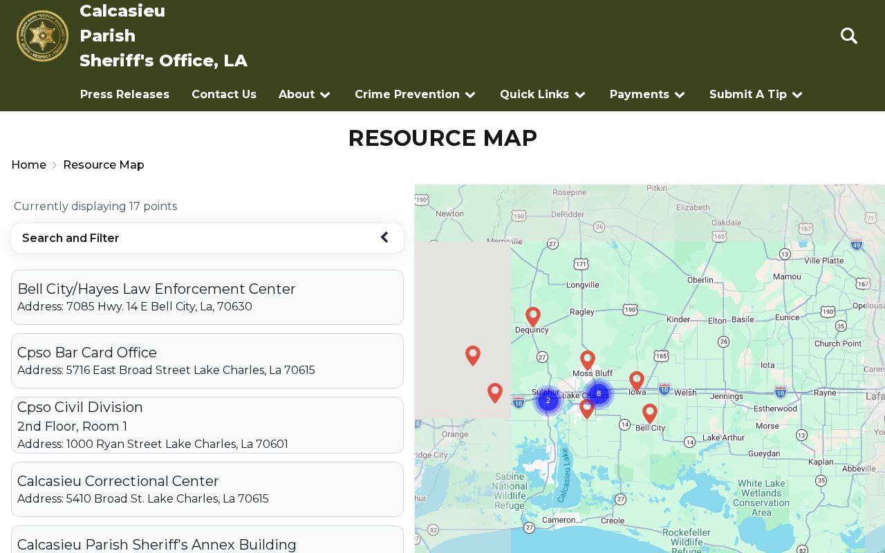 Calcasieu Parish warrant records: sheriff resource map of the main office, correctional center, and local law enforcement centers