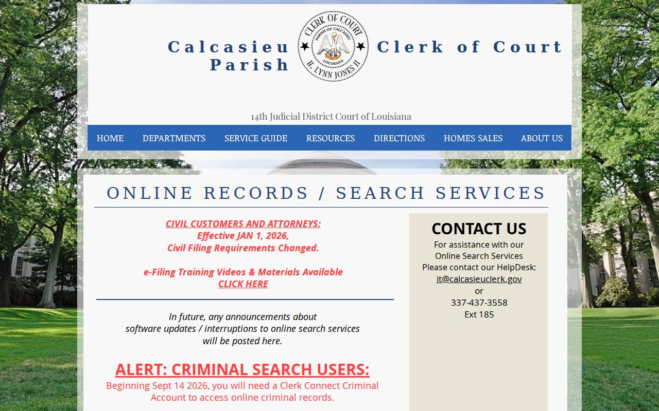 Calcasieu Parish warrant records: clerk of court criminal index and case history search page