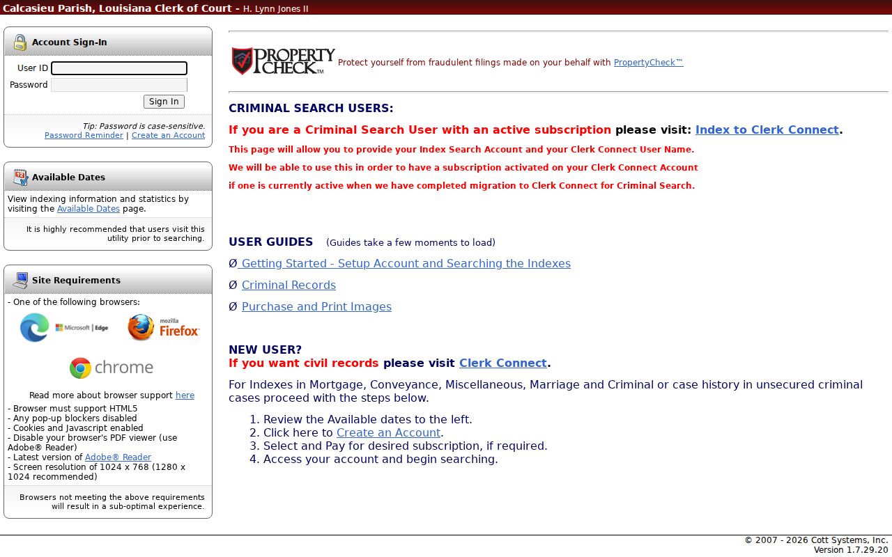 Calcasieu Parish eSearch account login page for released criminal and warrant records