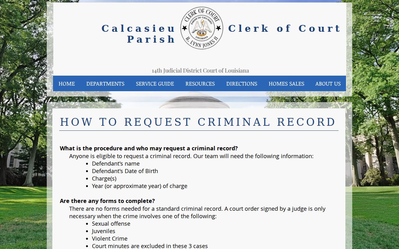 Calcasieu Parish criminal record request instructions for warrant and case lookups