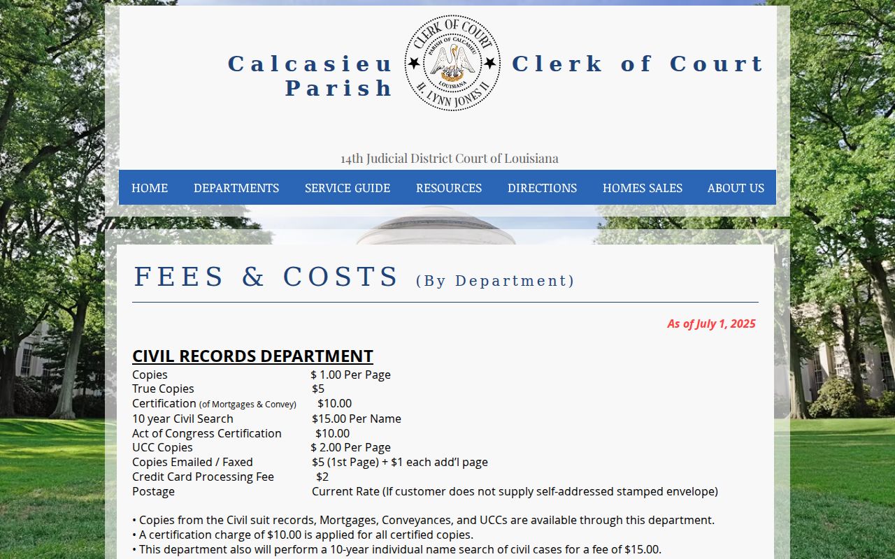 Calcasieu Parish warrant records: clerk of court criminal records fee table