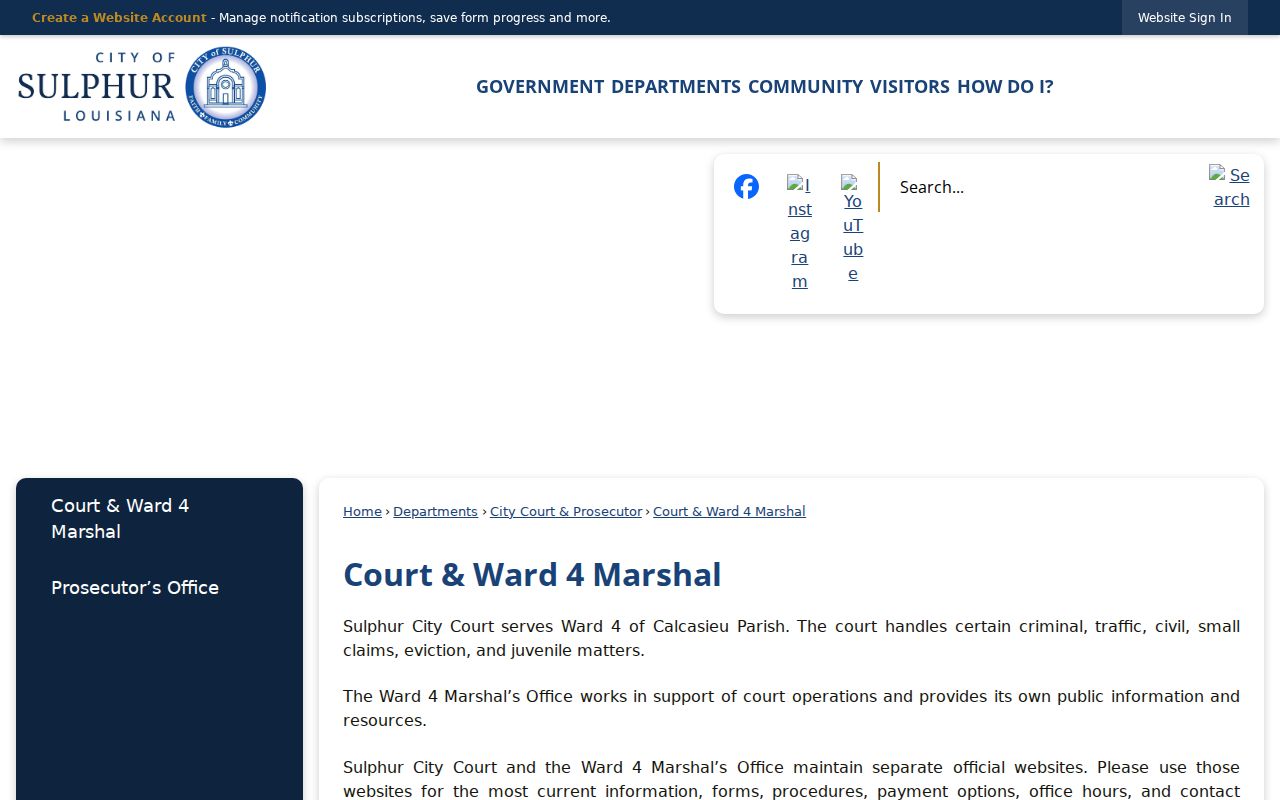 Calcasieu Parish municipal court warrant contact page for Sulphur City Court and the Ward 4 Marshal