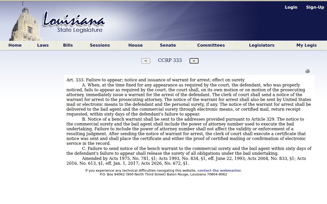 Calcasieu Parish failure-to-appear bench warrant issuance and notice rule