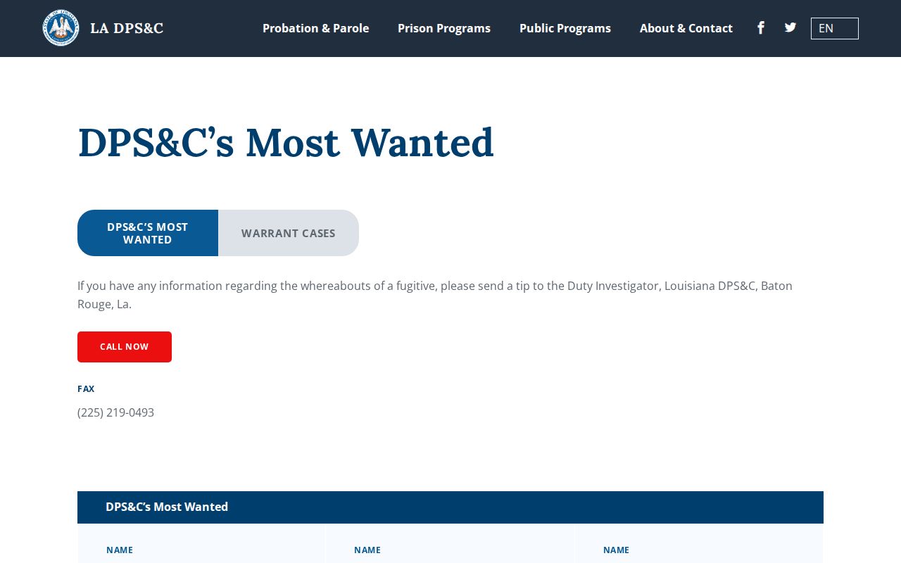 Calcasieu Parish most wanted warrant list program page showing headings and tip instructions