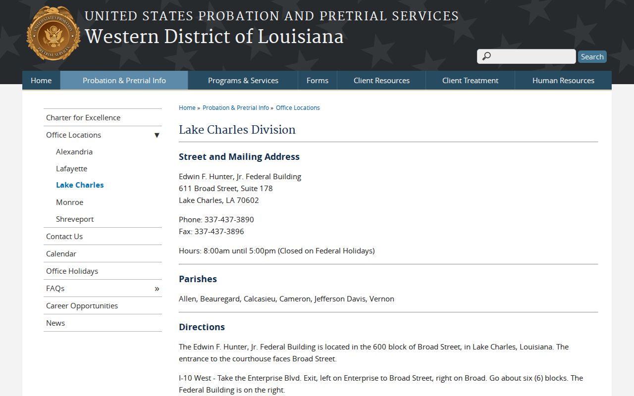 Lake Charles Division federal courthouse page listing address, hours, and parishes served