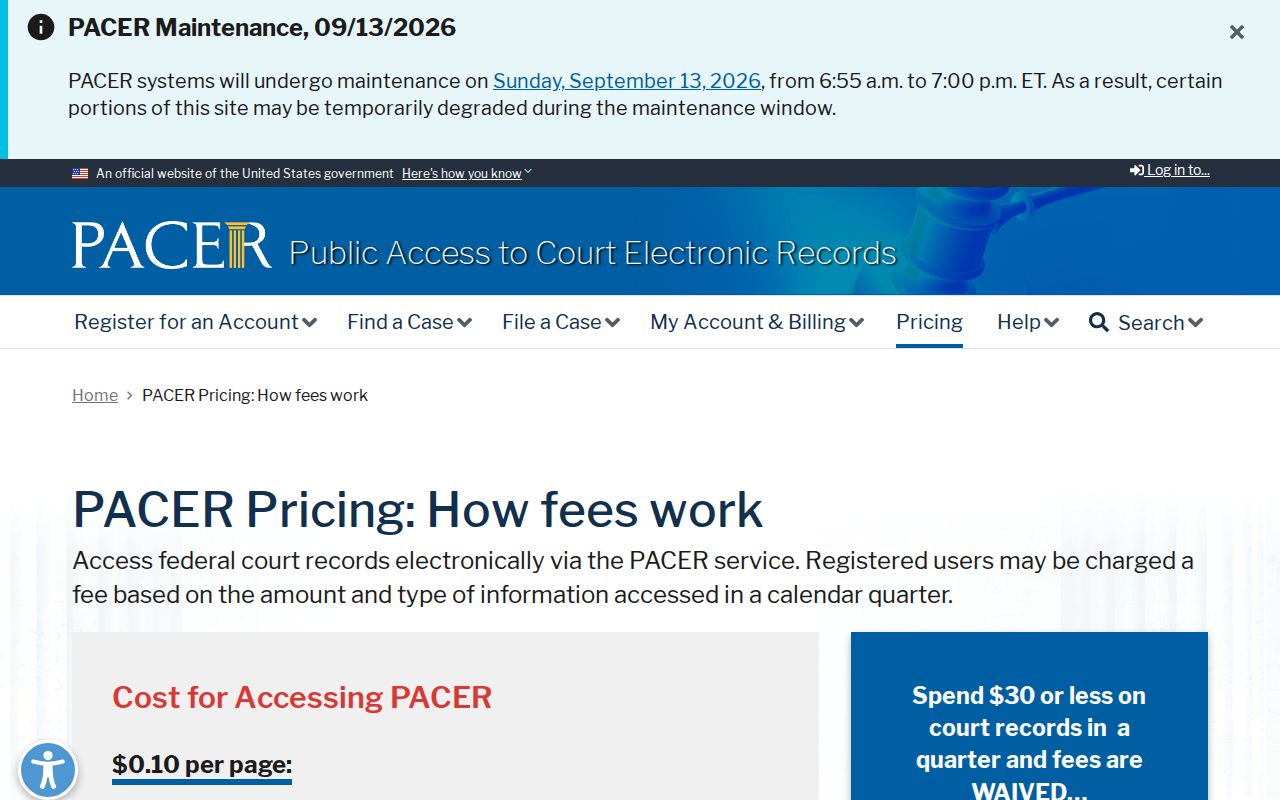 Calcasieu Parish federal warrant record search pricing page explaining PACER fees and document caps