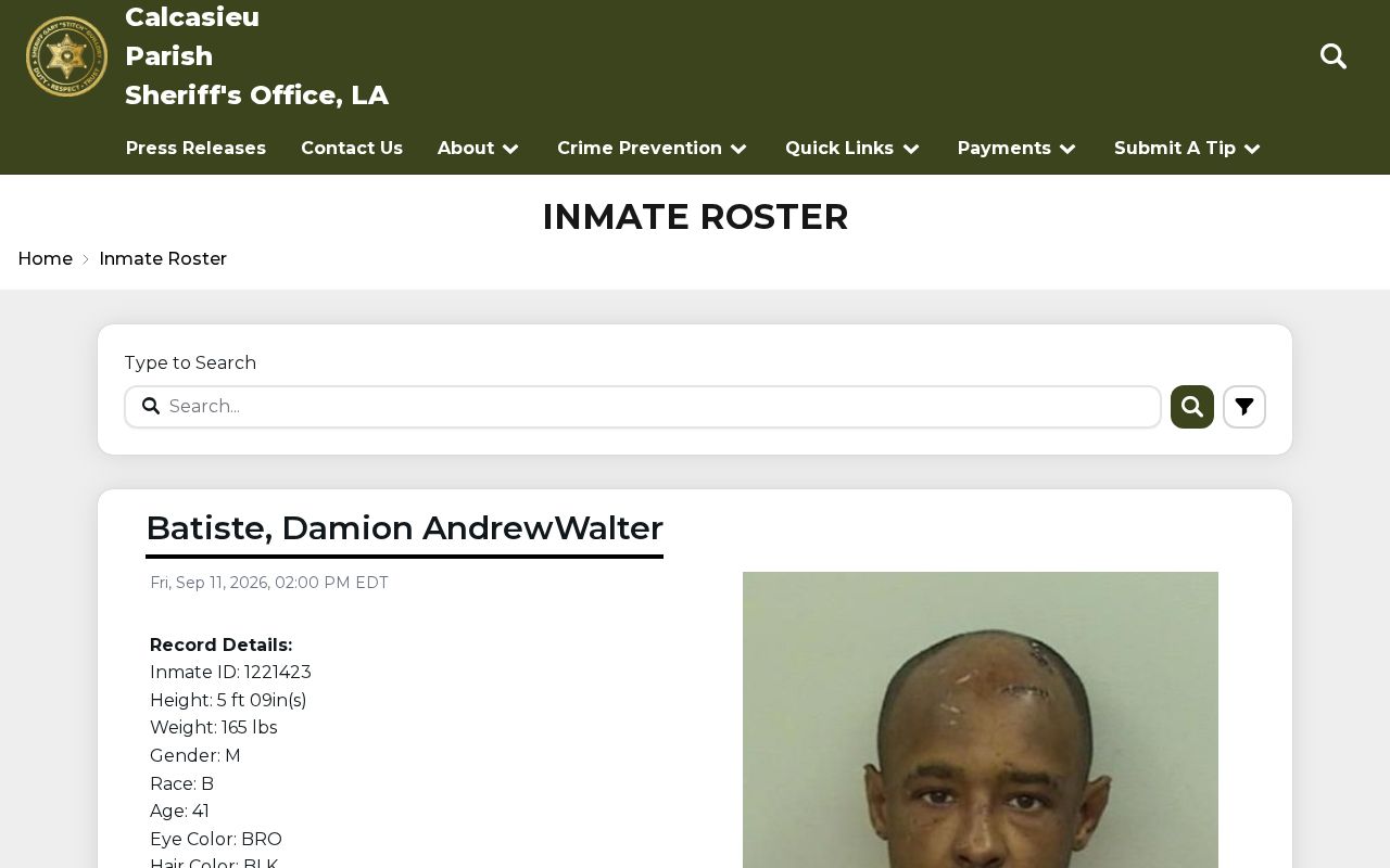 Calcasieu Parish sheriff custody search interface that is not an active warrant list